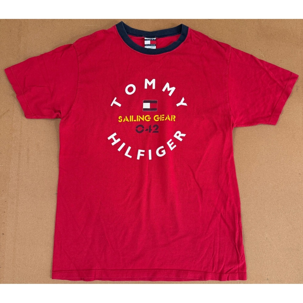 Vintage Tommy Hilfiger Sailing Gear T-Shirt Red Navy XL Made in USA 90s C-42
